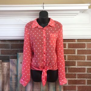 Polka Dot Button Up Blouse with Front Tie